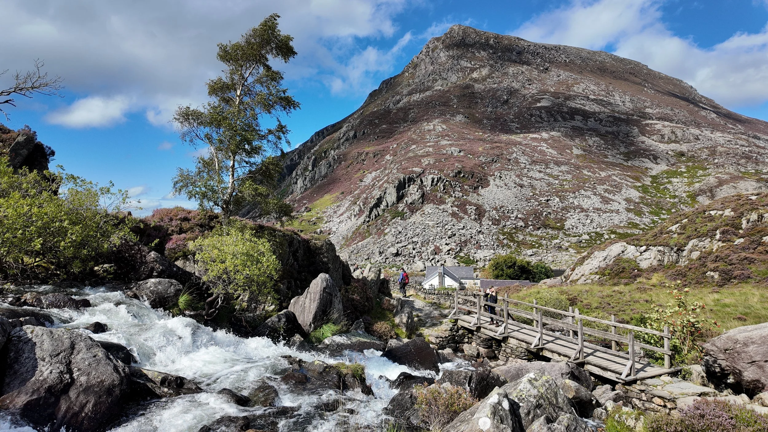 A mountain stream tumbling over rocks beneath a rocky peak