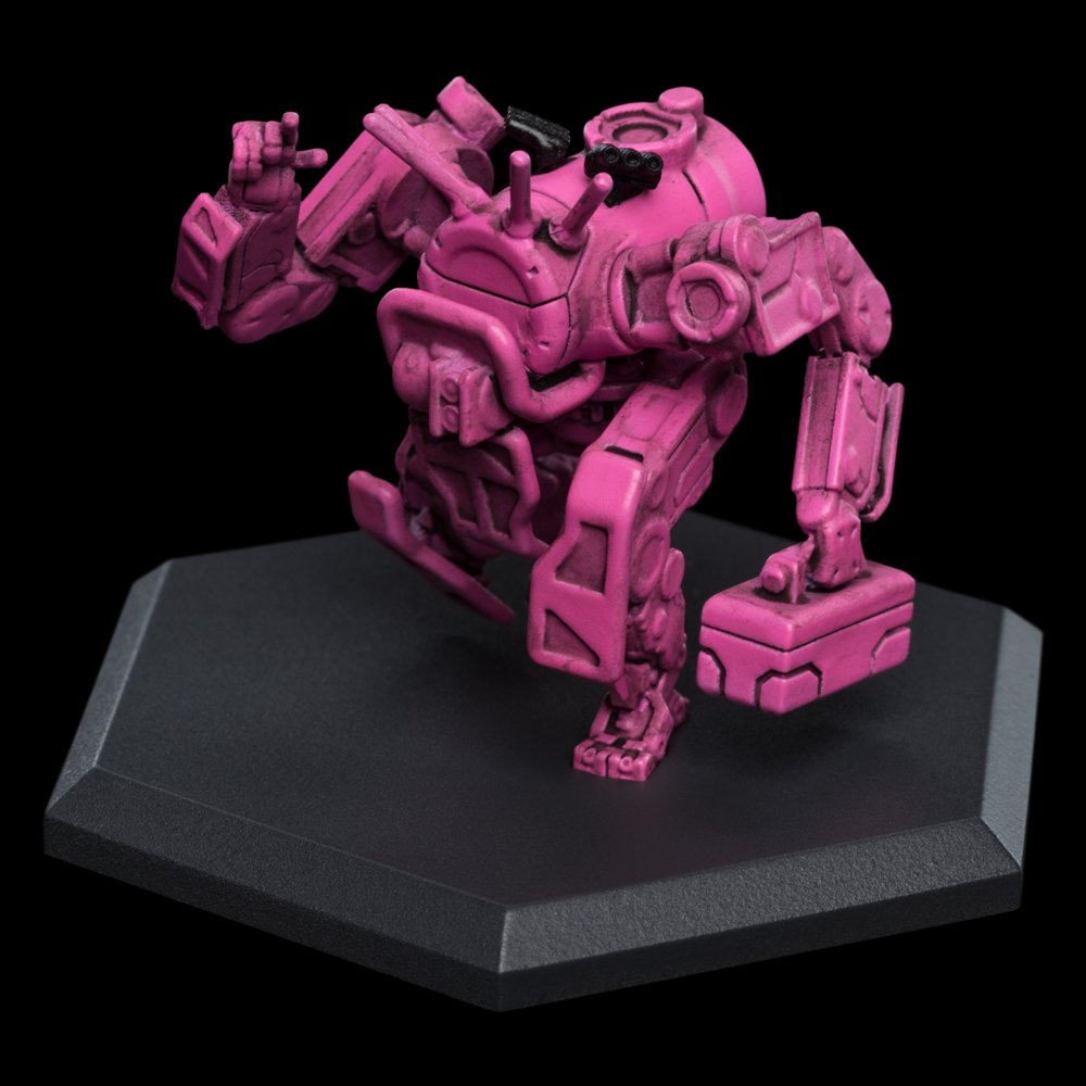 Pink robotic dog miniature sculpture on a black display base.