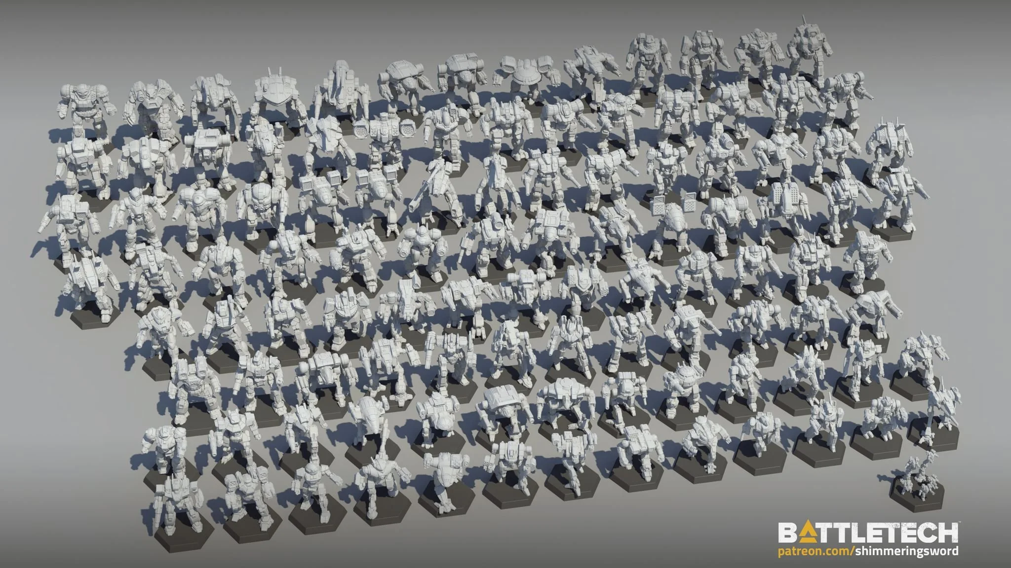 A large collection of white miniature sci-fi robot models arranged on black bases. The models vary in design, depicting different types of armored robots and mechs, some holding weapons. The image features the Battletech logo and a link to a Patreon 