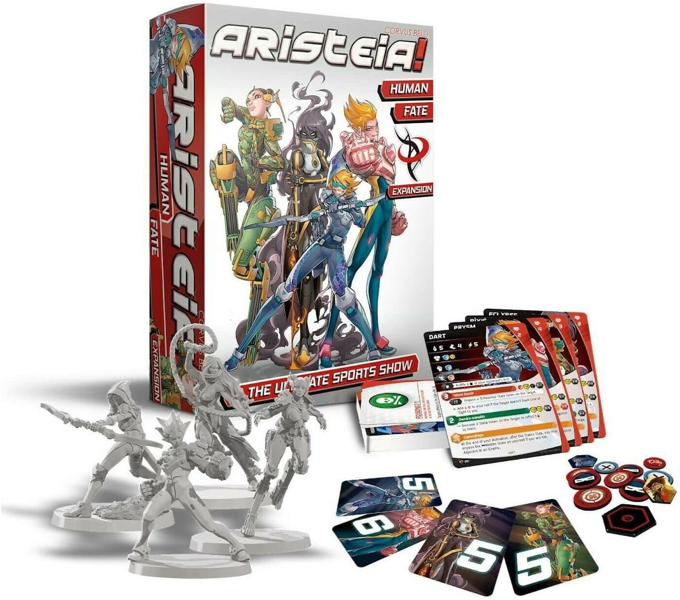 Board game box titled "Aristeia!" with illustrated characters, cards, miniatures, and game tokens displayed in front.