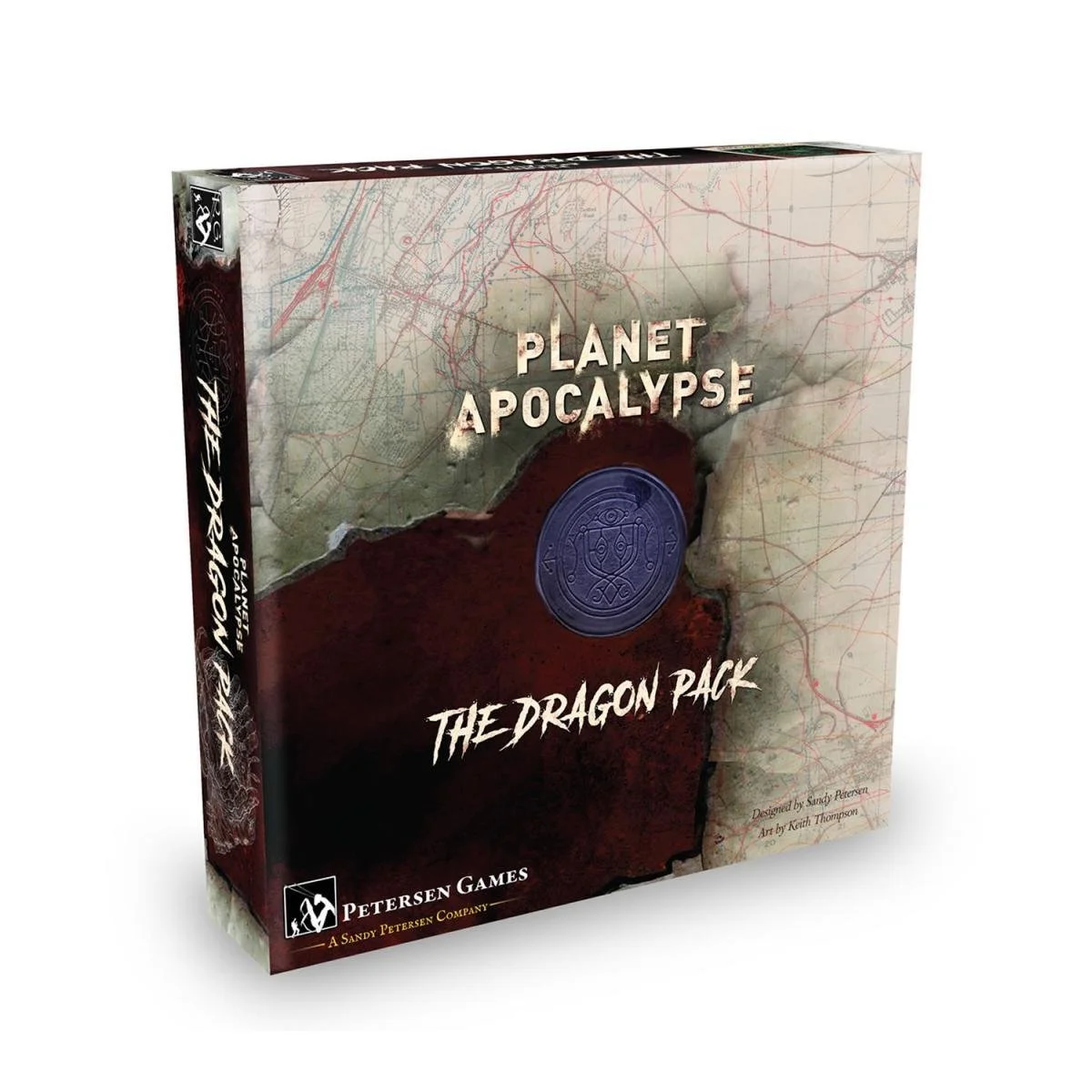 Board game box titled "Planet Apocalypse: The Dragon Pack," featuring a torn map and dark red background with a blue emblem in the center.