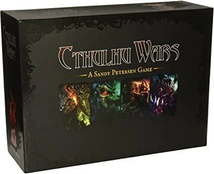 A black board game box titled 'Cthulhu Wars' with the subtitle 'A Sandy Petersen Game,' featuring colorful illustrations of monsters from the game.