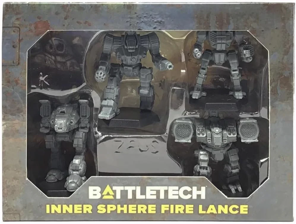 Set of four toy robot figures in a box labeled "Battletech Inner Sphere Fire Lance".