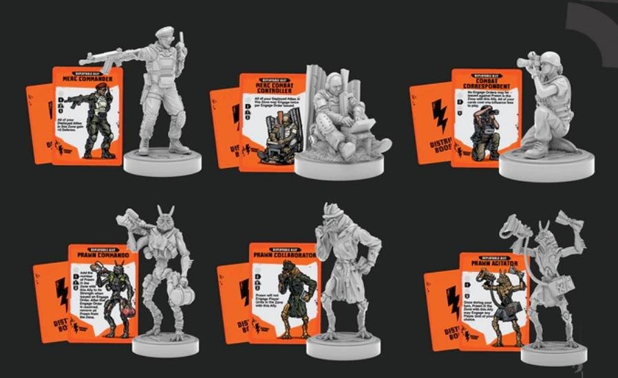 Set of six miniature military figurines, each with a corresponding orange card with black text and graphics, on a black background. The figurines depict soldiers in different poses and gear.