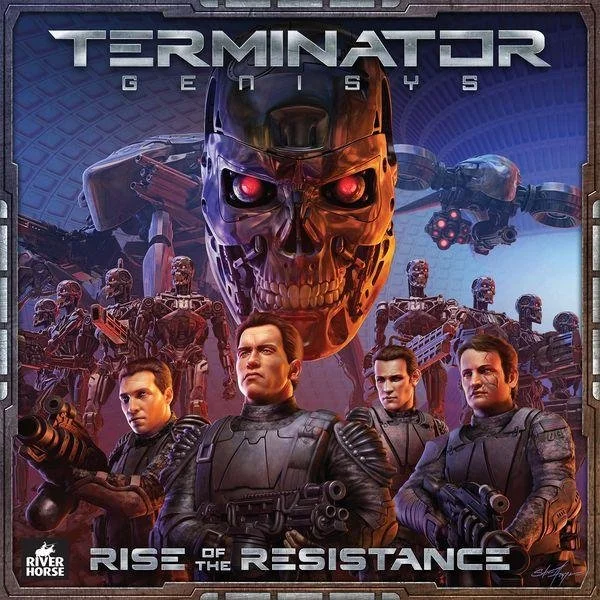 Poster for the game "Terminator Genisys: Rise of the Resistance" featuring a large skull with glowing red eyes at the top, surrounded by soldiers in combat gear, some holding weapons, and military vehicles in the background.