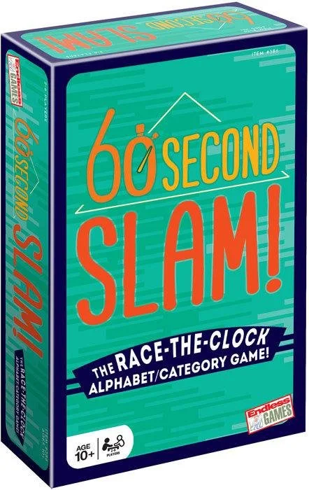 A box of a game called 60 Second Slam, described as a race-the-clock alphabet and category game, shown from an angled view with a teal and orange design.