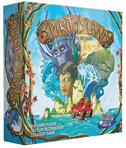 Cover of the board game 'Spirit Island' featuring a ghostly skull, a woman with long black hair, and a small boat on the water surrounded by trees and mountains.