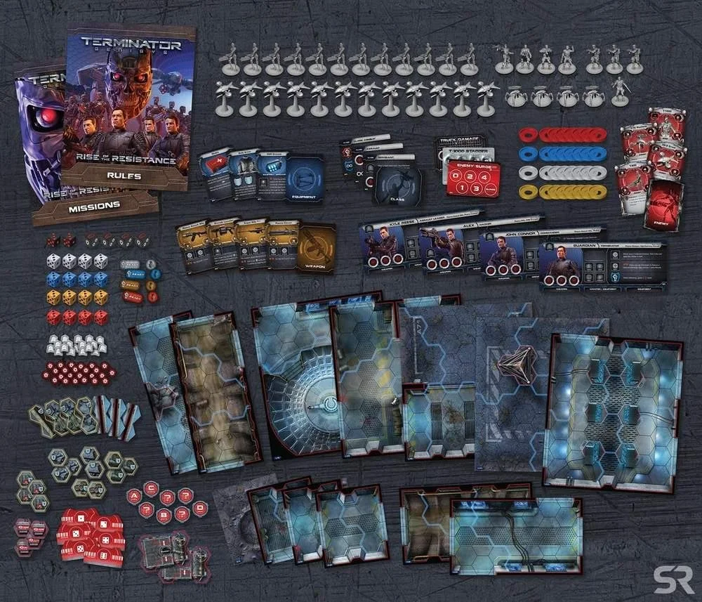 Board game components for a Terminator themed game, including character cards, miniatures, dice, tokens, game board sections, and rulebook.