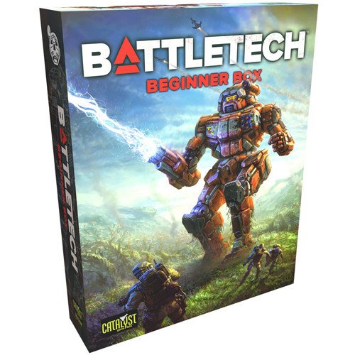 Battletech Beginner Box game with a large armored robot and two human characters in a grassy, mountainous landscape.