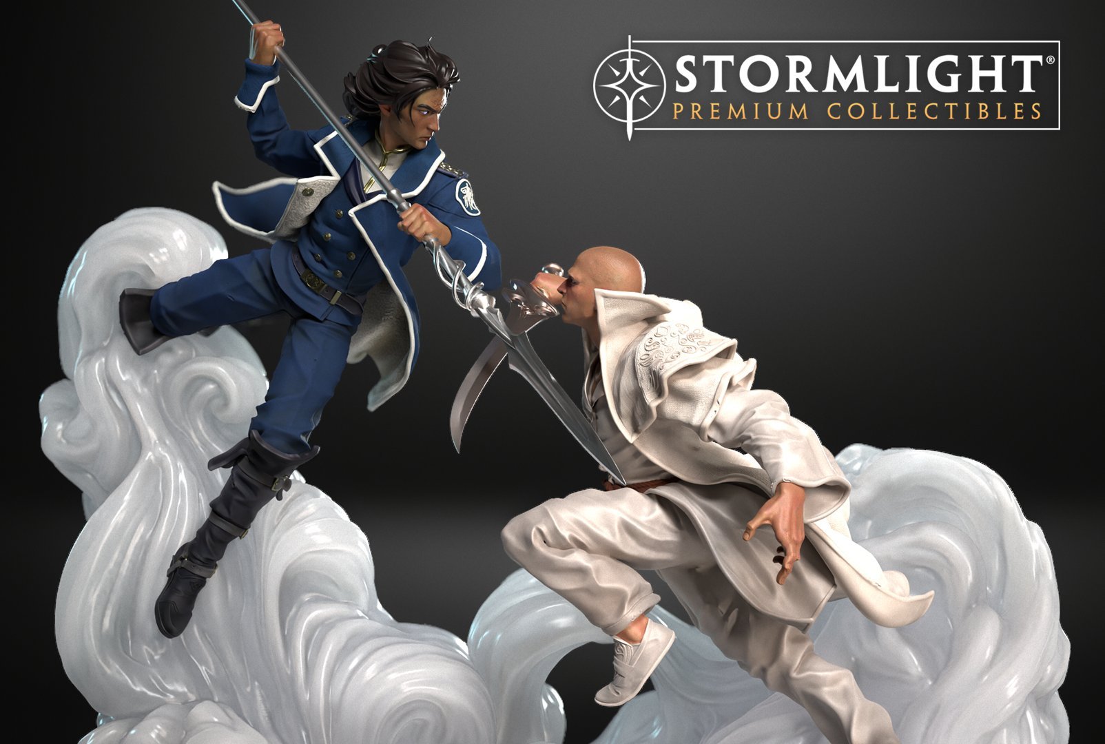 Detailed figurines of two characters, one in a blue military-style uniform with a cape, eye patch, and long dark hair, and the other in a white martial arts outfit with a bald head, engaging in a combat scene, with stylized clouds and the 'STORMLIGHT