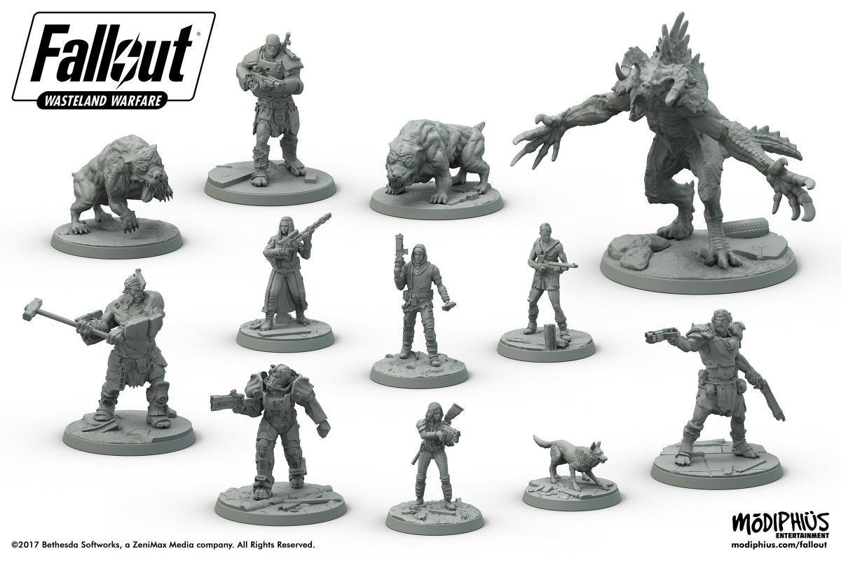 Set of Fallout Wasteland Warfare miniatures with human survivors, mutants, and creatures, all unpainted and grey, arranged on bases with a Fallout Wasteland Warfare logo at the top left.
