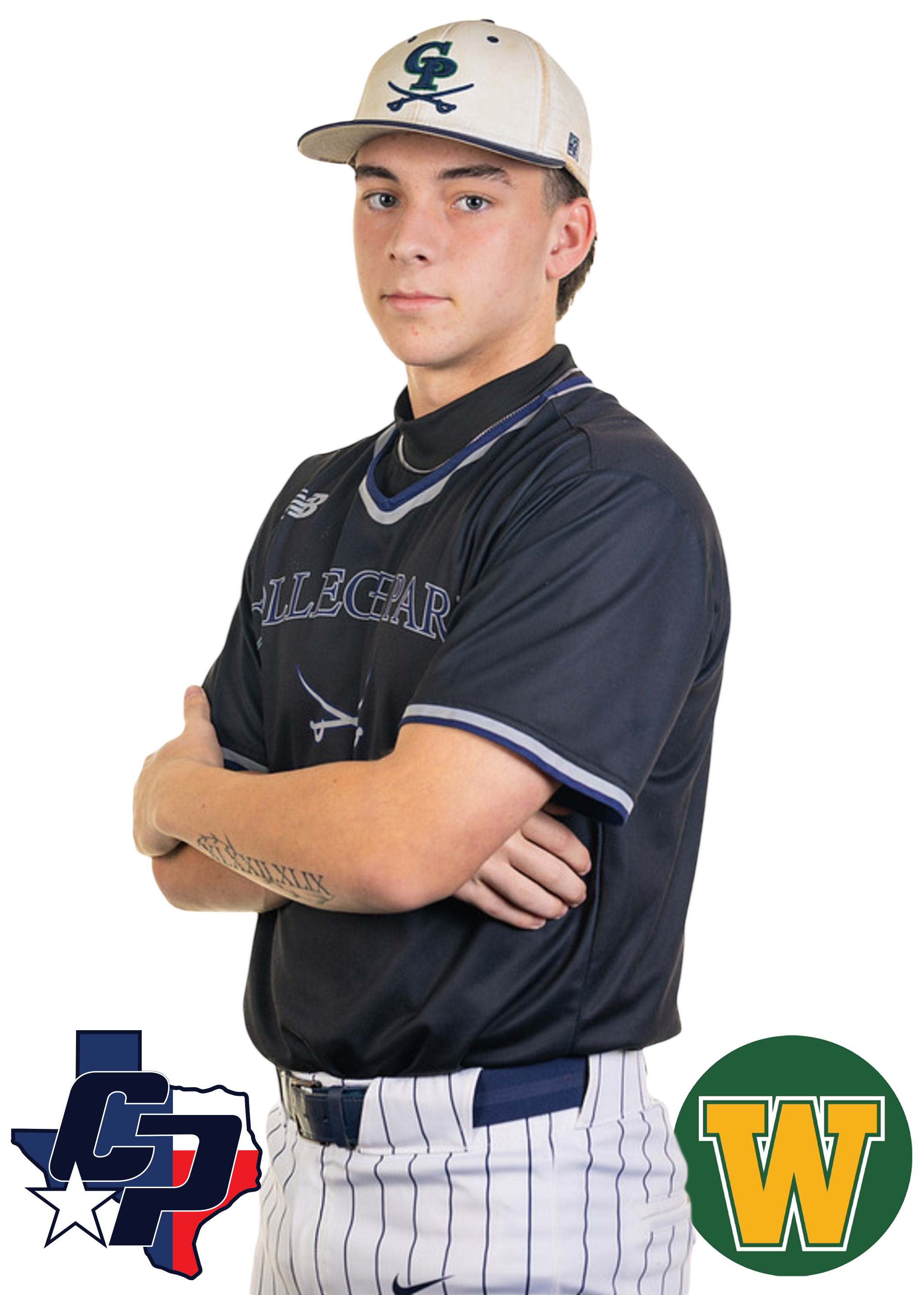 A young male baseball player wearing a black uniform with white pinstripes, a tan cap with a green and blue logo, and standing with arms crossed. There are logos of the teams C2P and W on the image.