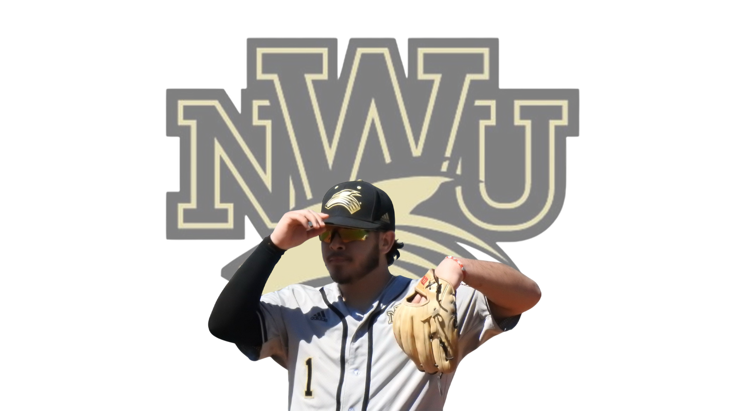 Young male baseball player in a uniform, holding a baseball glove, wearing sunglasses, cap, and standing in front of a black background with the letters 'NWU' and a gold hawk logo.