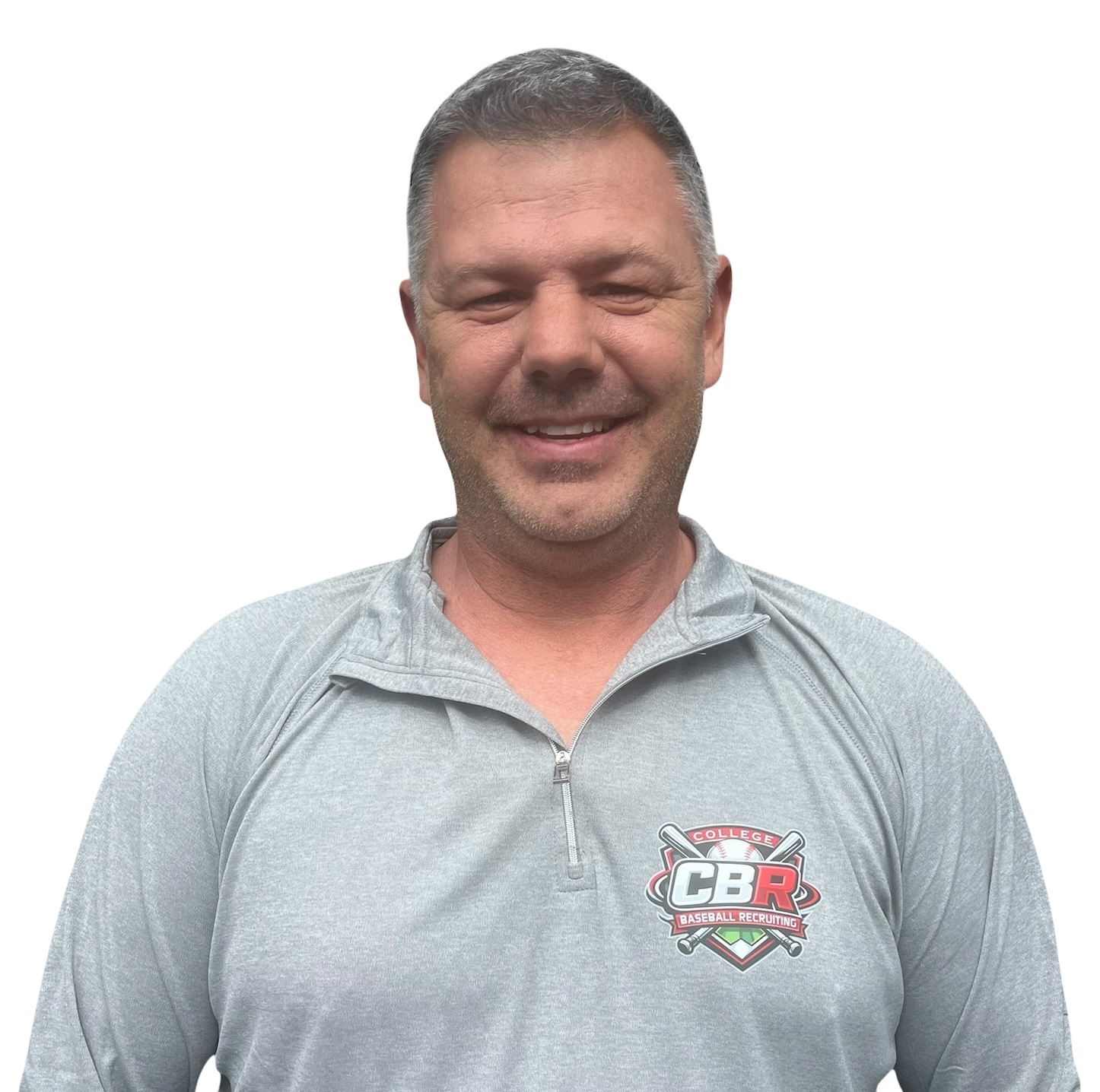 A smiling man with short gray hair wearing a light gray quarter-zip sports shirt with a College Baseball Recruiting logo on the chest.