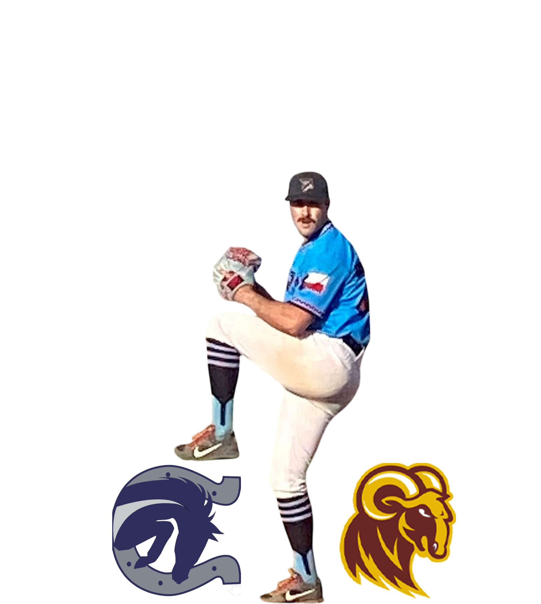 A baseball player wearing a blue uniform, white pants, and black-and-white socks standing on one leg, holding a baseball glove, with two team logos, a bear and a lion, below him.