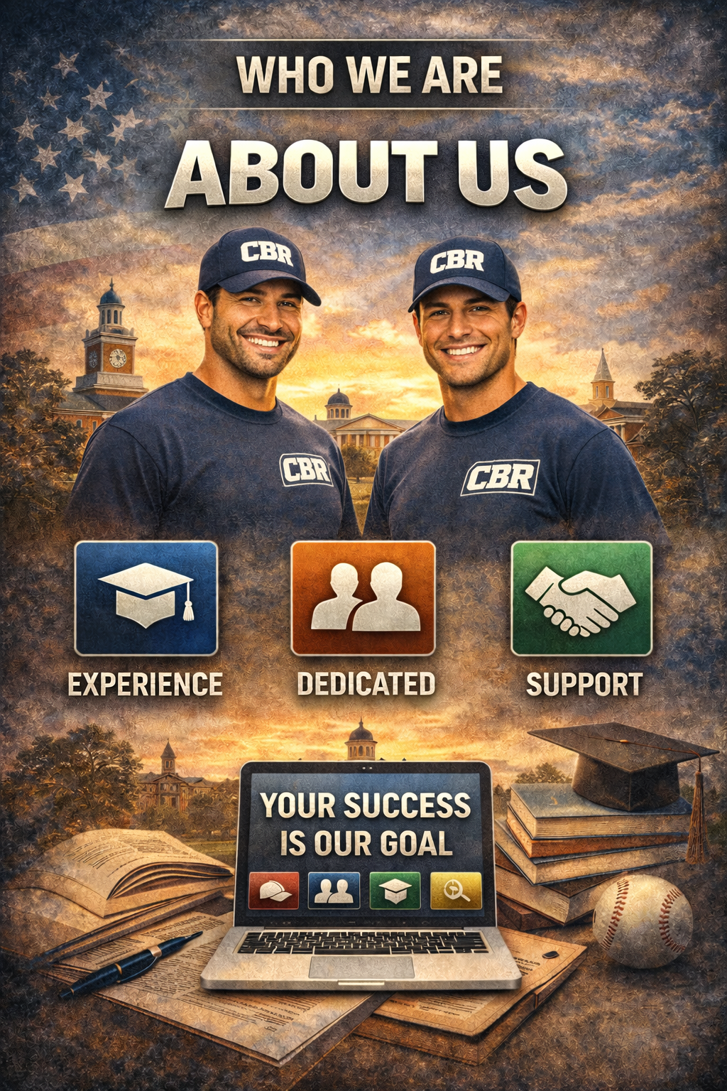 A promotional image featuring two smiling men in CBR uniforms with caps, standing against a sunset background with campus buildings. The image emphasizes attributes: experience, dedication, and support, depicted with icons. Below is a laptop on a desk surrounded by books, papers, a graduation cap, a baseball, and a pen, with a sign on the laptop screen that reads 'Your Success is Our Goal'.