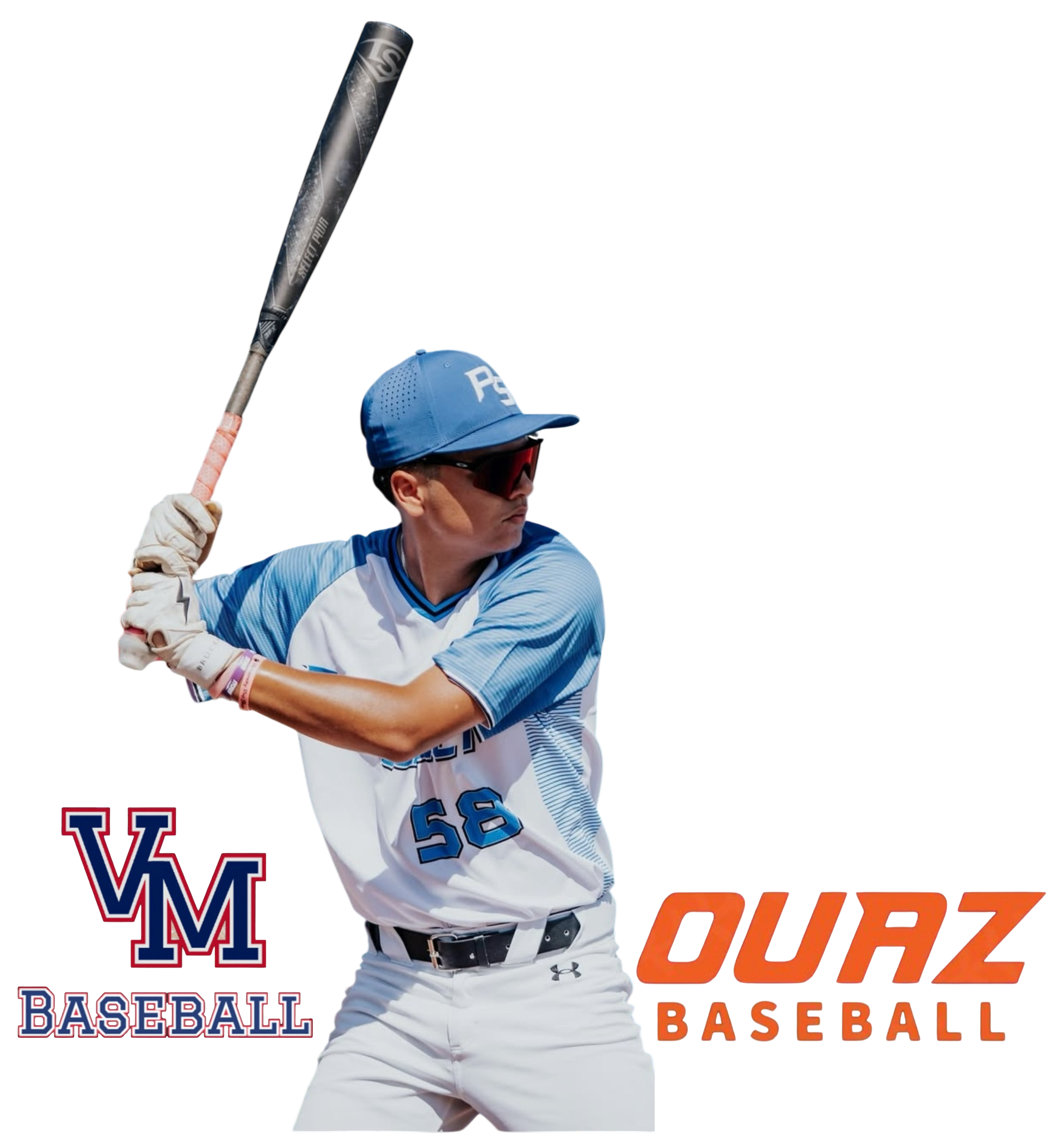 A baseball player in a blue and white uniform, wearing sunglasses and a blue cap, preparing to swing a bat. The image features the logos of Virginia Military Institute (VMI) and Quad Baseball.