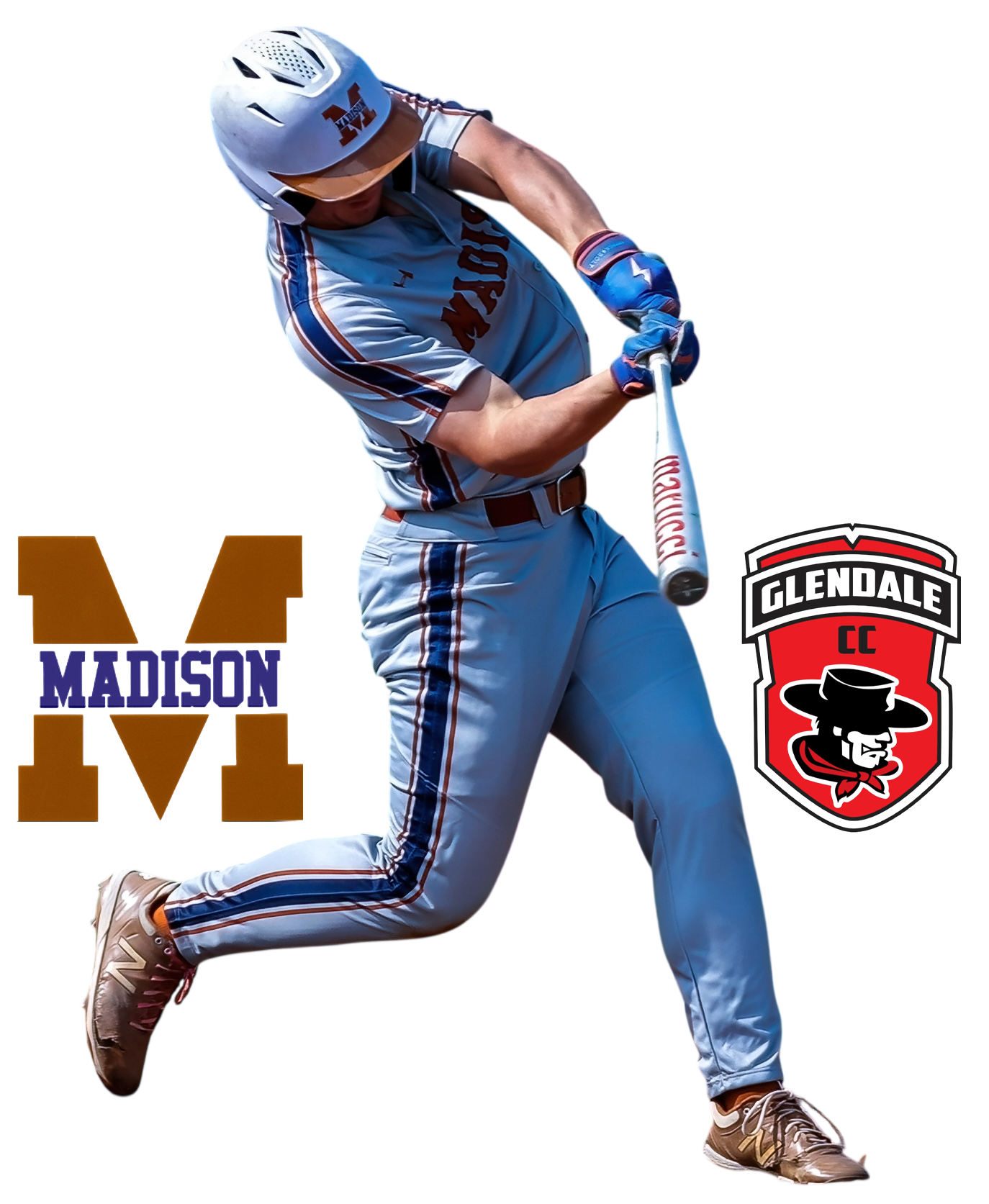 A baseball player in a light blue uniform and helmet swings a bat. There are logos and letters on the image, including 'Madison' and 'Glendale CC'.