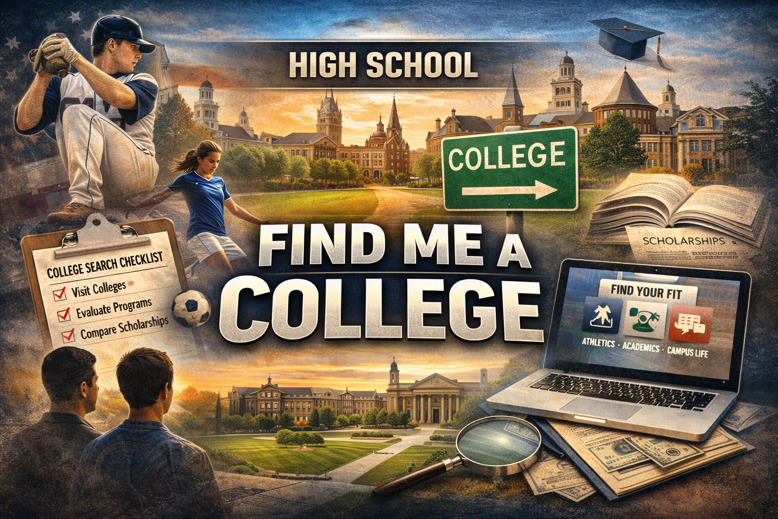 College-themed collage showing students playing sports, an open book labeled "scholarships," a computer with "find your fit" on screen, a checklist for college search, a university campus photo, and a green college sign pointing to the right.