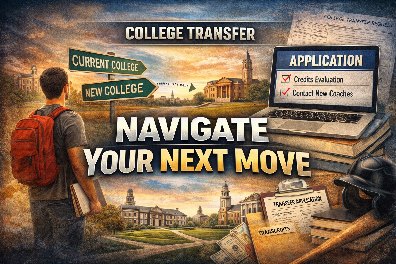 A student with a red backpack holding books and a notebook, standing outdoors near a college campus. The image features signs pointing to 'Current College' and 'New College' with a sunset sky, a laptop showing a college application checklist, and various documents including a transfer application form, transcripts, and dollar bills; a gavel is also present.
