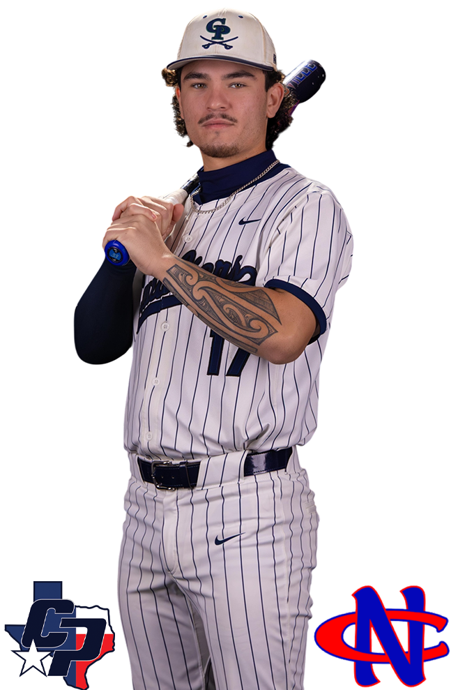 A baseball player dressed in a white pinstripe uniform holding a bat over his shoulder, wearing a cap with initials, with tattoos on his arm, standing against a plain background.