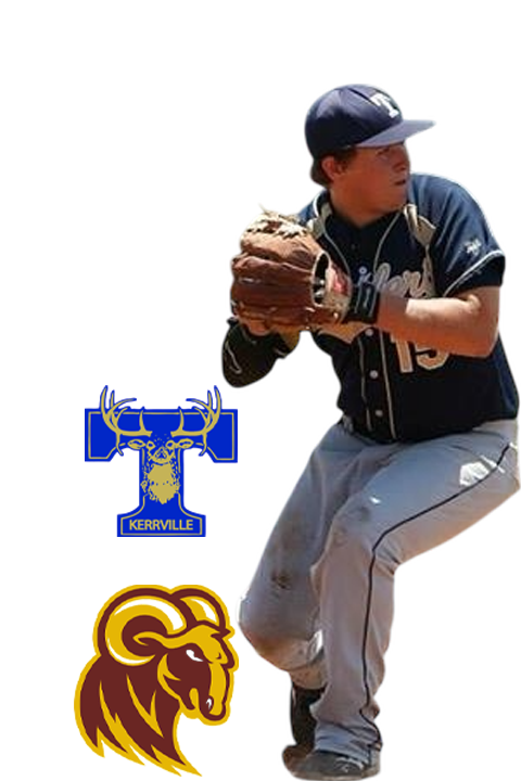 A baseball player in a navy uniform and cap, holding a glove and preparing to catch a ball, with team logos for Kerrville and a lion in the background.