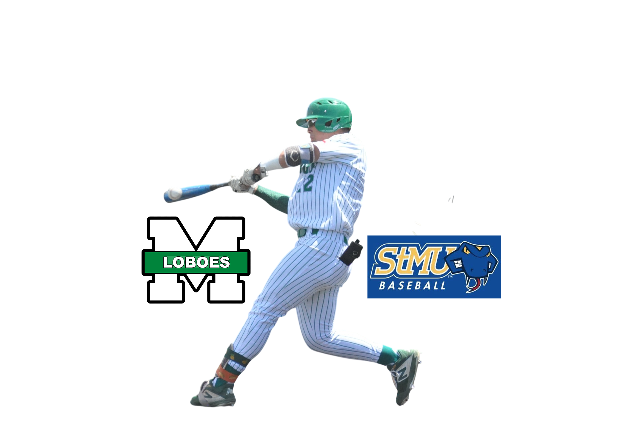 A baseball player in a white pinstriped uniform, wearing a green helmet, swings a bat at a pitch. Behind him is a graphic with the logos of STEMU Baseball and the word 'LOBOES' in green.
