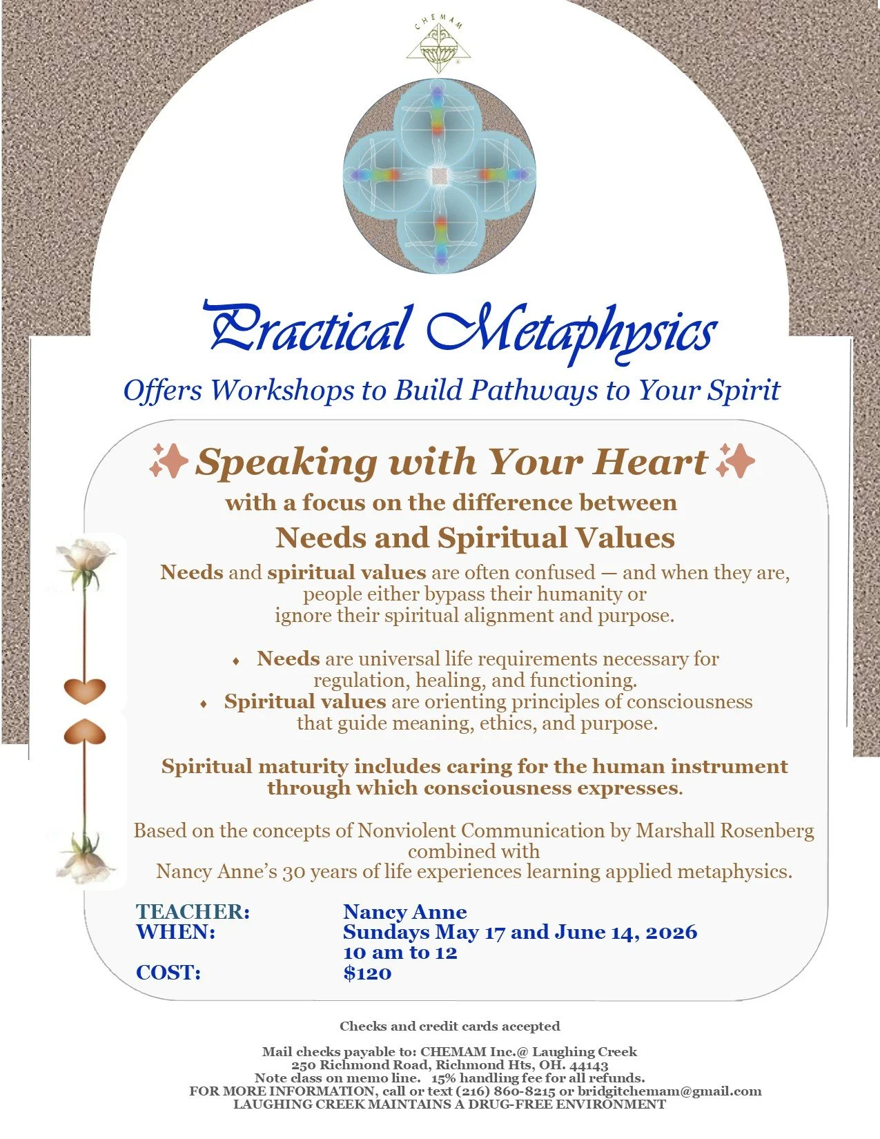Flyer for a workshop titled "Practical Metaphysics" offering sessions on speaking with your heart, focusing on needs and spiritual values, led by Nancy Anne on Sundays, May 17 and June 14, 2026, from 10 am to 12 pm, costing $120.