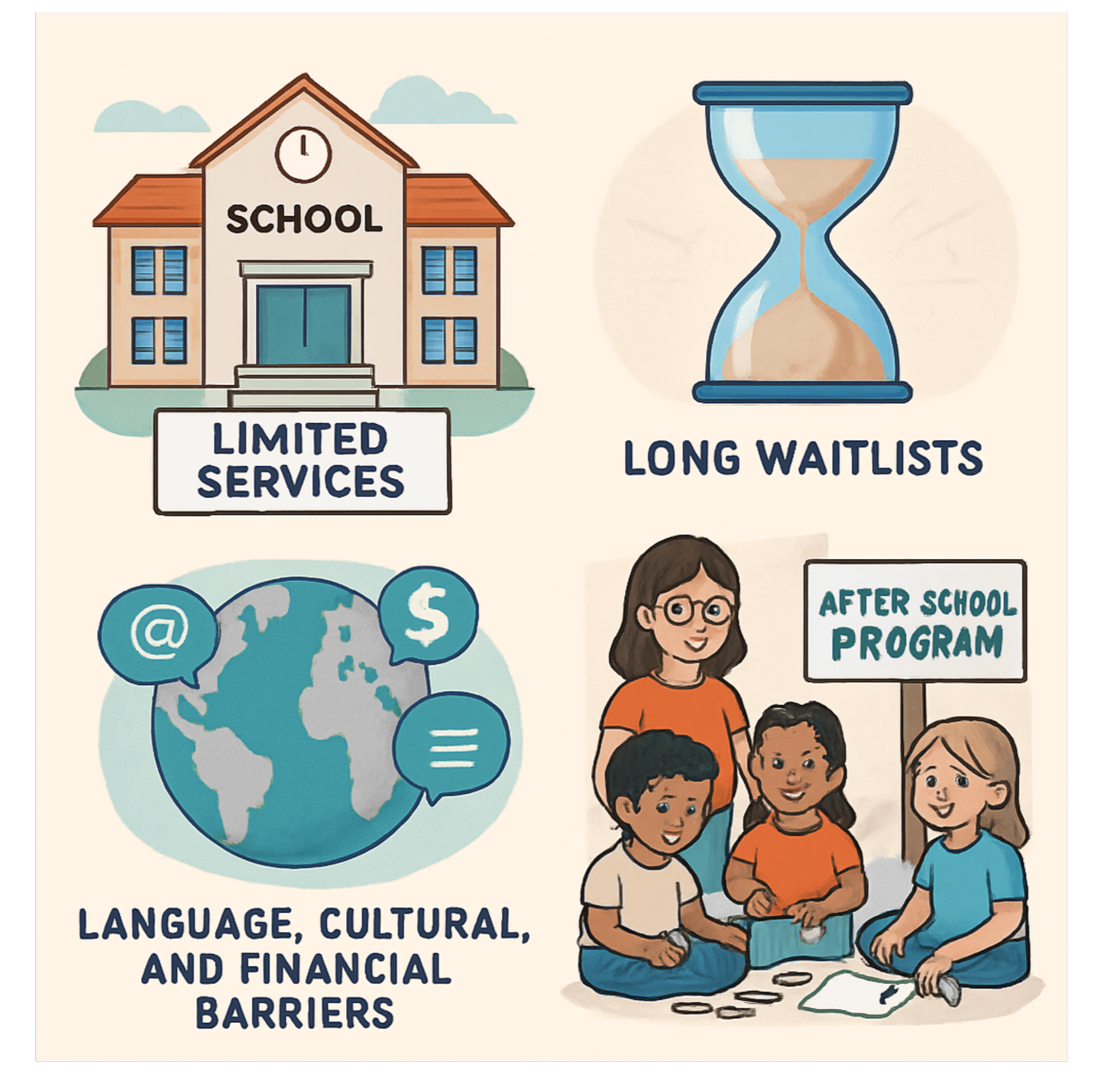 Illustration of a school building with a sign reading 'Limited Services,' a large hourglass with the label 'Long Waitlists,' a globe with speech bubbles showing '@,' '$,' and '=' symbols and the text 'Language, Cultural, and Financial Barriers,' and a group of children with an adult sitting on the floor with an 'After School Program' sign.