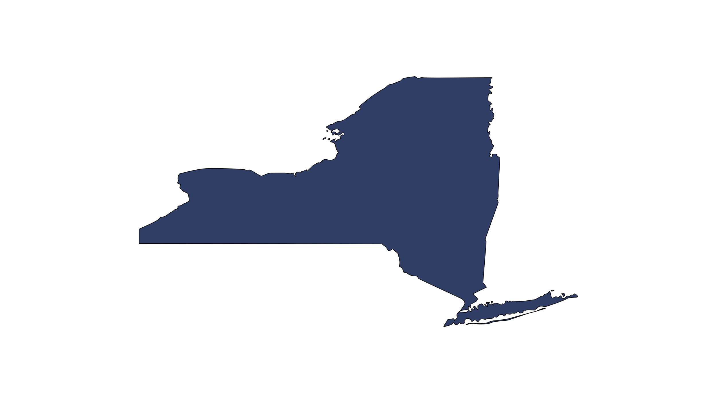 Outline map of the state of New York, filled with a dark blue color.