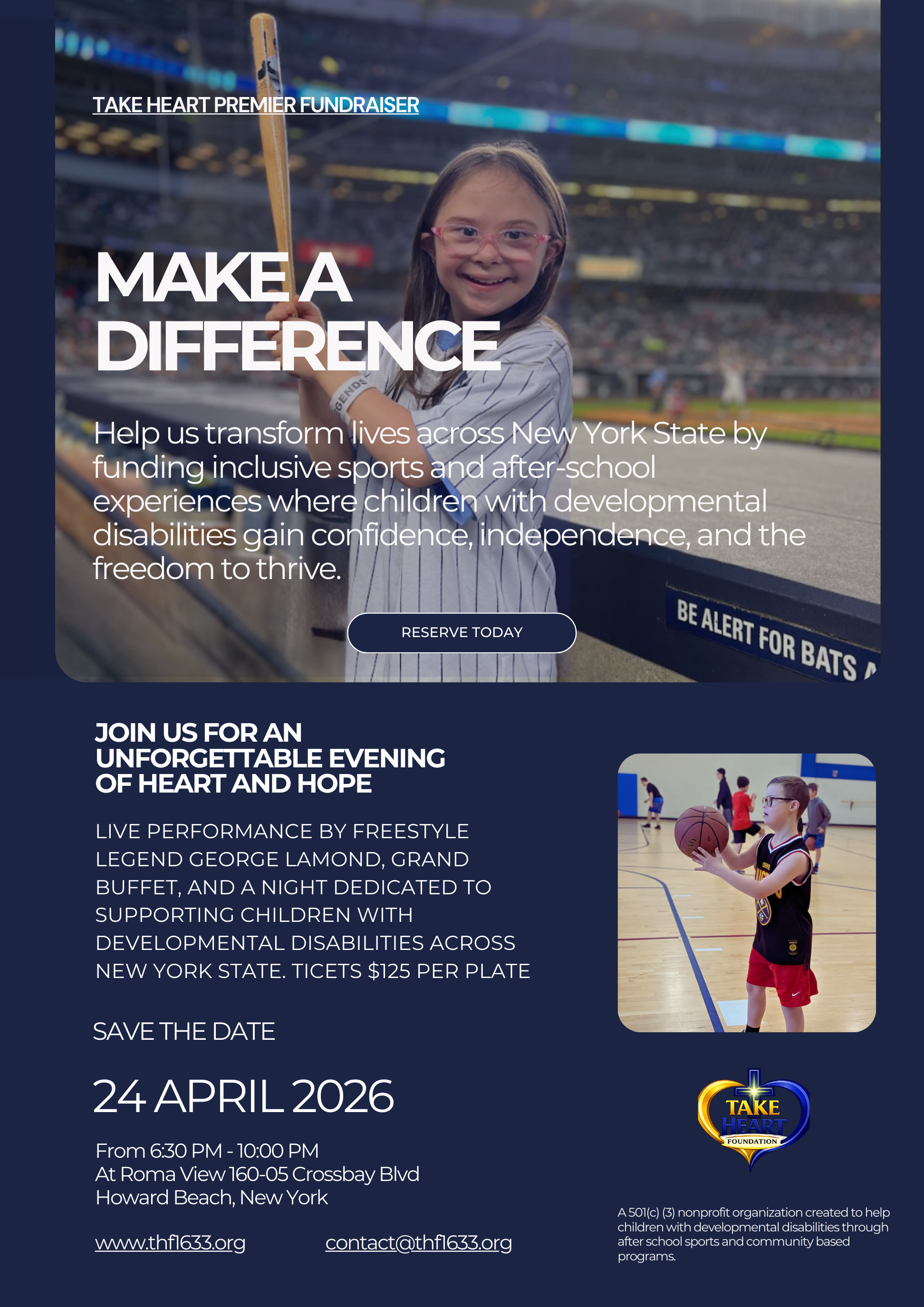 Event flyer for the Take Heart Foundation fundraiser, featuring a smiling girl holding a baseball bat at a baseball stadium, with a smaller image of a child playing basketball indoors. Text about supporting children with developmental disabilities through sports and community programs.