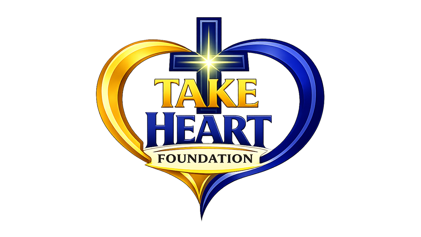 Logo of Take Heart Foundation featuring a heart with a cross and a shining star.