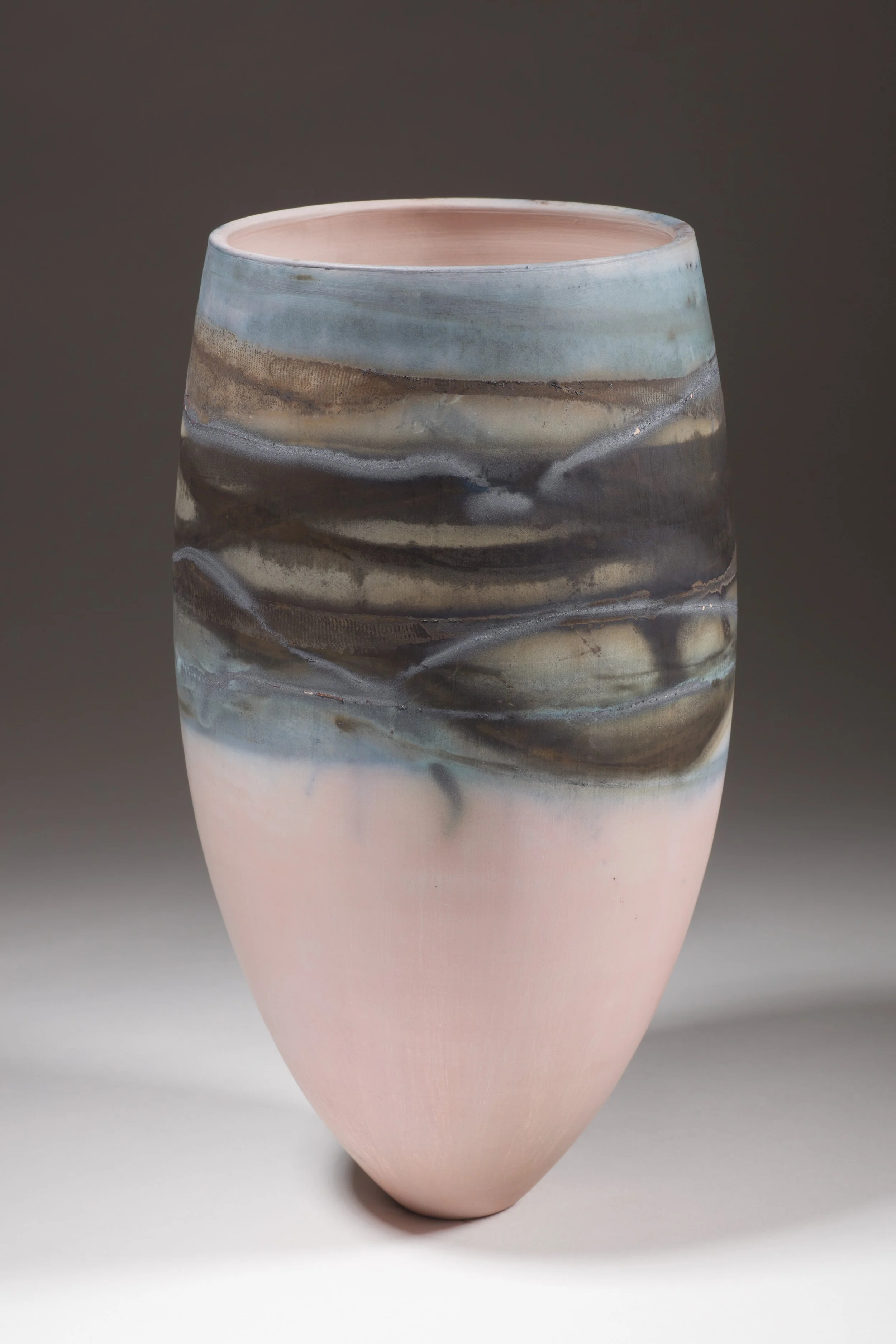 'Waterways I' Vessel 2013
White Stoneware Clay Thrown & Saggar Fired with local organic materials and oxides 26.5 cm x 13.5 cm x 13.5 cm