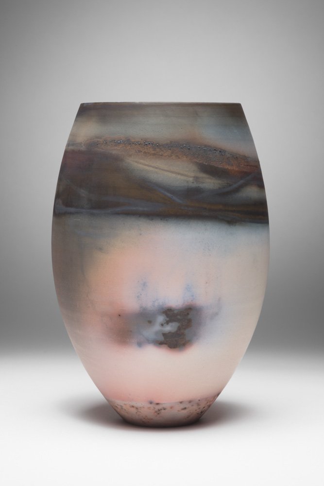 'Ascendant' Vessel 2016
White Stoneware Clay Thrown & Saggar Fired with local organic materials and oxides 20.5 cm x 13.5 cm x 13.5 cm