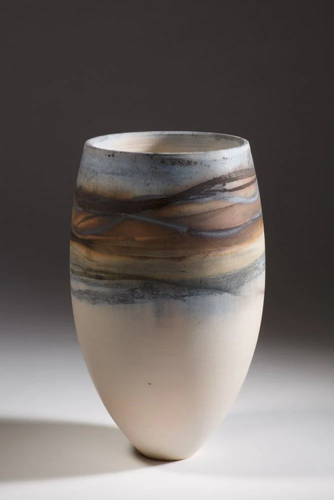 Tundra' Vessel 2013
White Stoneware Clay Thrown & Saggar Fired with local seaweeds and oxides 24 cm x 13 cm x 13 cm