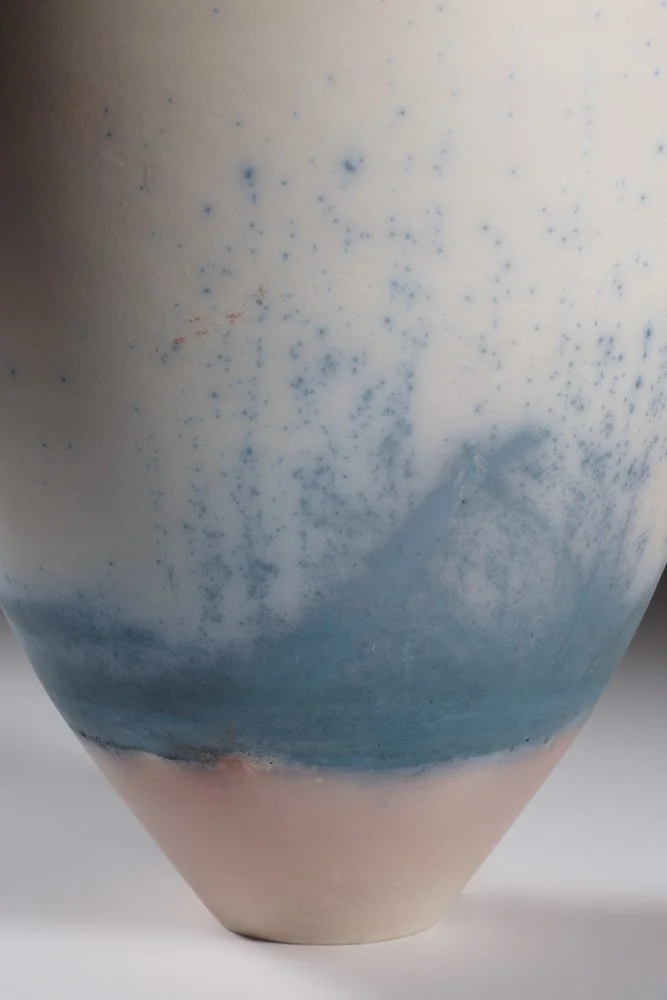 'Cresting Waves' Vessel 2014 Detail
White Stoneware Clay Thrown & Saggar Fired with local organic materials and oxides 24 cm x 14 cm x 14 cm