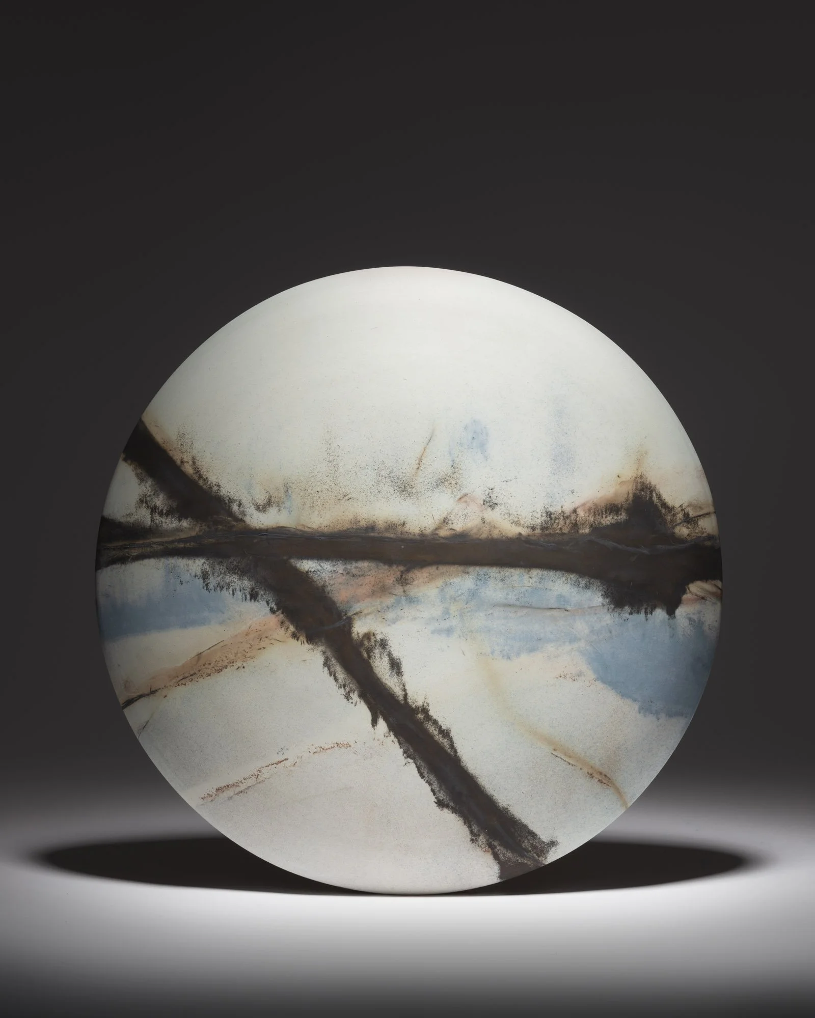 ´Meridian I´ 2024 , ´XXL Wall Disc
White Stoneware Clay, Thrown & Saggar Fired with West Cork sawdust, seaweeds, recycled wires & oxides 
(H) x (L) x (W) 
39 cm x 39 cm x 4 cm