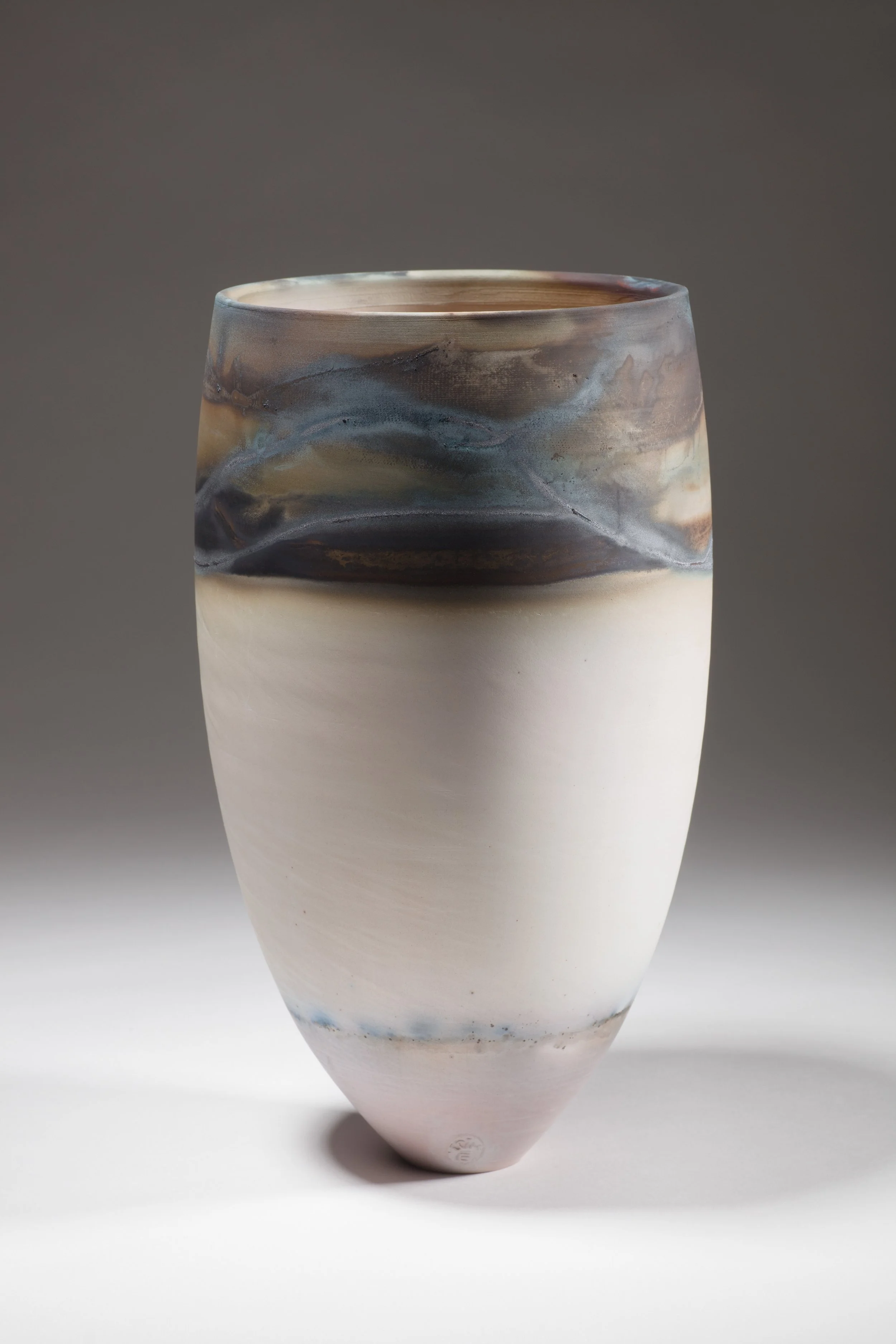 'Storm Chaser I' Vessel 2013
White Stoneware Clay Thrown & Saggar Fired with local organic materials and oxides 24.5 cm x 13.5 cm x 13.5 cm