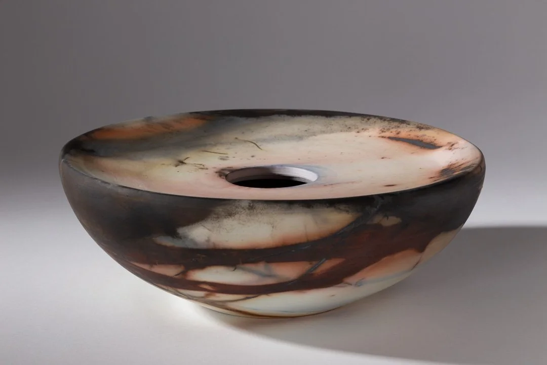 'Orange Band' Vessel 2018
White Stoneware Clay Thrown & Saggar Fired with local organic materials and oxides 28 cm x 10 cm x 10 cm