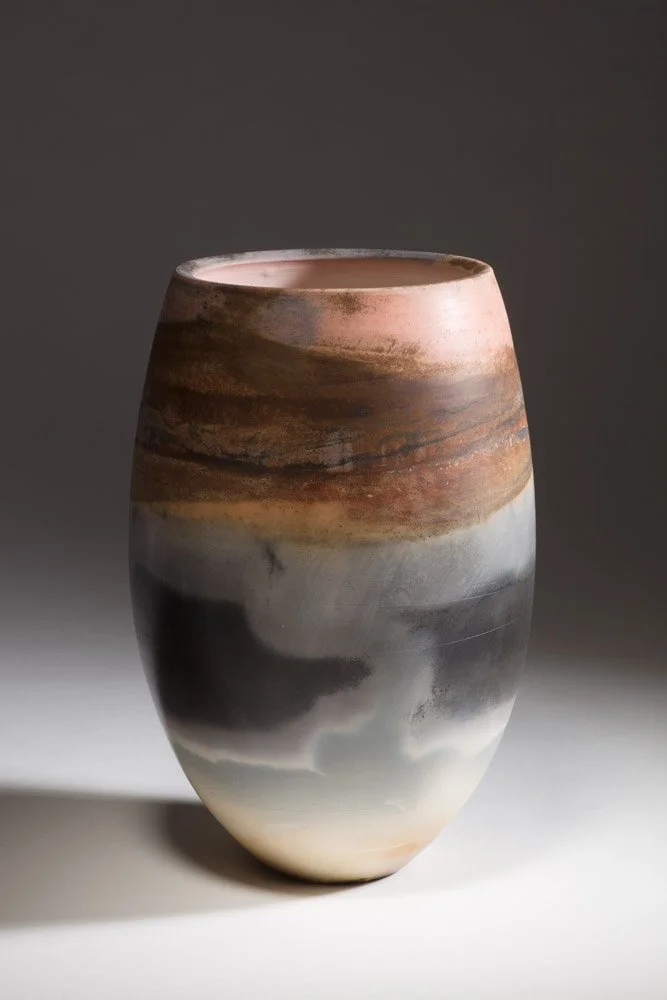 'Tempest I' Vessel 2013
White Stoneware Clay Thrown & Saggar Fired with local organic materials and oxides 26 cm x 13 cm x 13 cm
