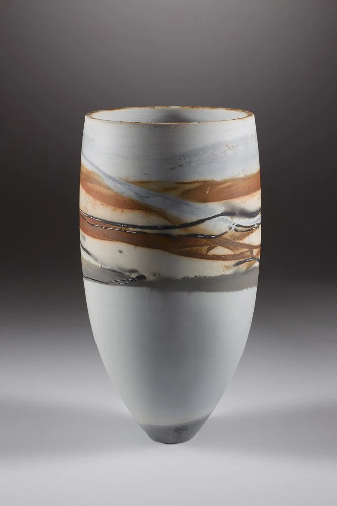 'Soft Orange Grey' Vessel 2014
White Stoneware Clay Thrown & Saggar Fired with local organic materials and oxides 22.5 cm x 14 cm x 14 cm