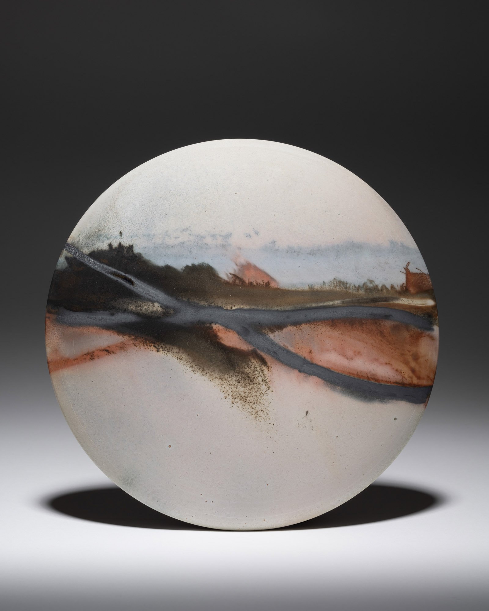 ´Autumnal Colours´ 2024 Midi Wall Disc
White Stoneware Clay, Thrown & Saggar Fired with West Cork sawdust, seaweeds, recycled wires & oxides 
(H) x (L) x (W) 
 19cm x 19cm x 2.5cm