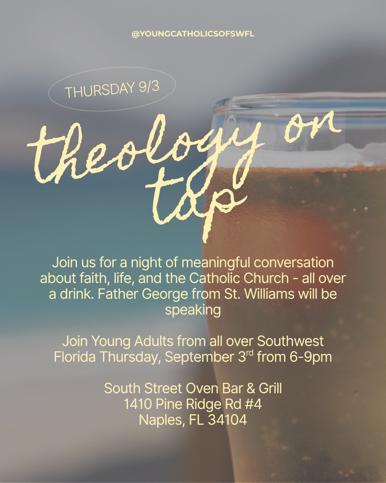 EVENT LINK IN BIO - this is a FREE event for all Young Adults in SWFL (18-40 to attend, 21+ to drink).

Theology on Tap is back 😎🍻 For centuries, Christians have gathered around tables over food and drink to wrestle with the big questions of faith 