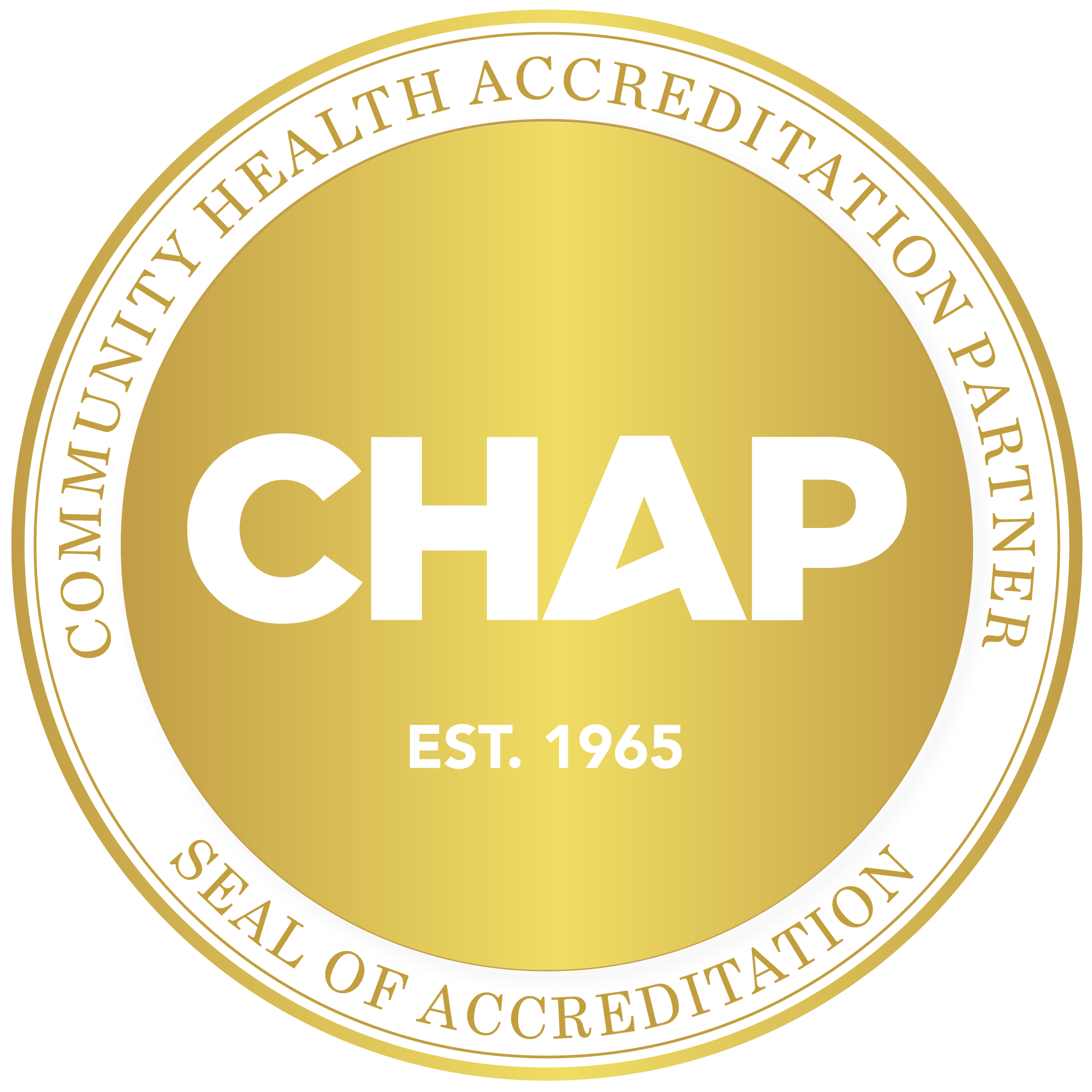 A gold and white circular seal with the word "CHAP" in large white letters in the center. Surrounding the center text are the words "COMMISSIONING AUTHORIZATION PARTNER" at the top and "SEAL OF ACCREDITATION" at the bottom, with "EST. 1965" beneath "CHAP."