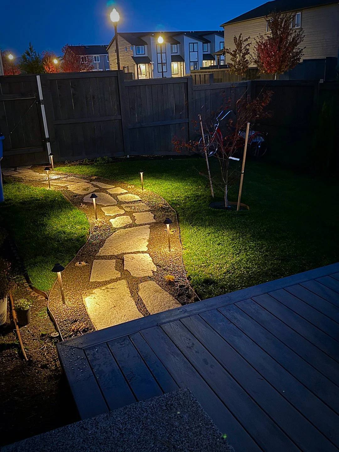 A backyard at night with a lit stone pathway, small outdoor lights, a grass lawn, a young tree, and a wooden fence.