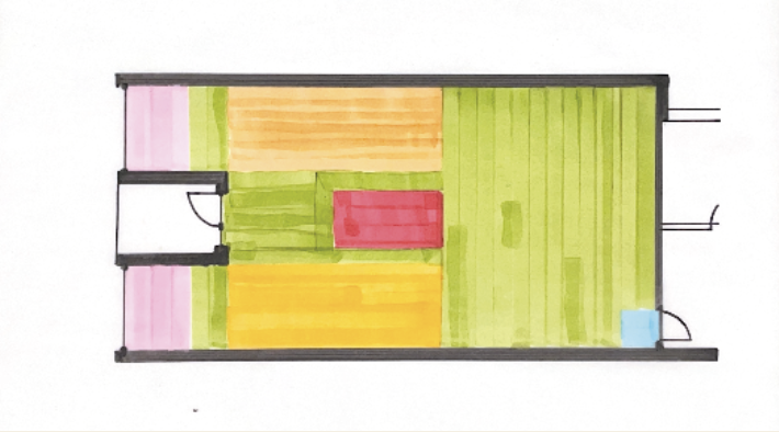 Floor plan sketch of a small apartment with pink, yellow, orange, green, and blue rooms, including a bathroom and entrance door