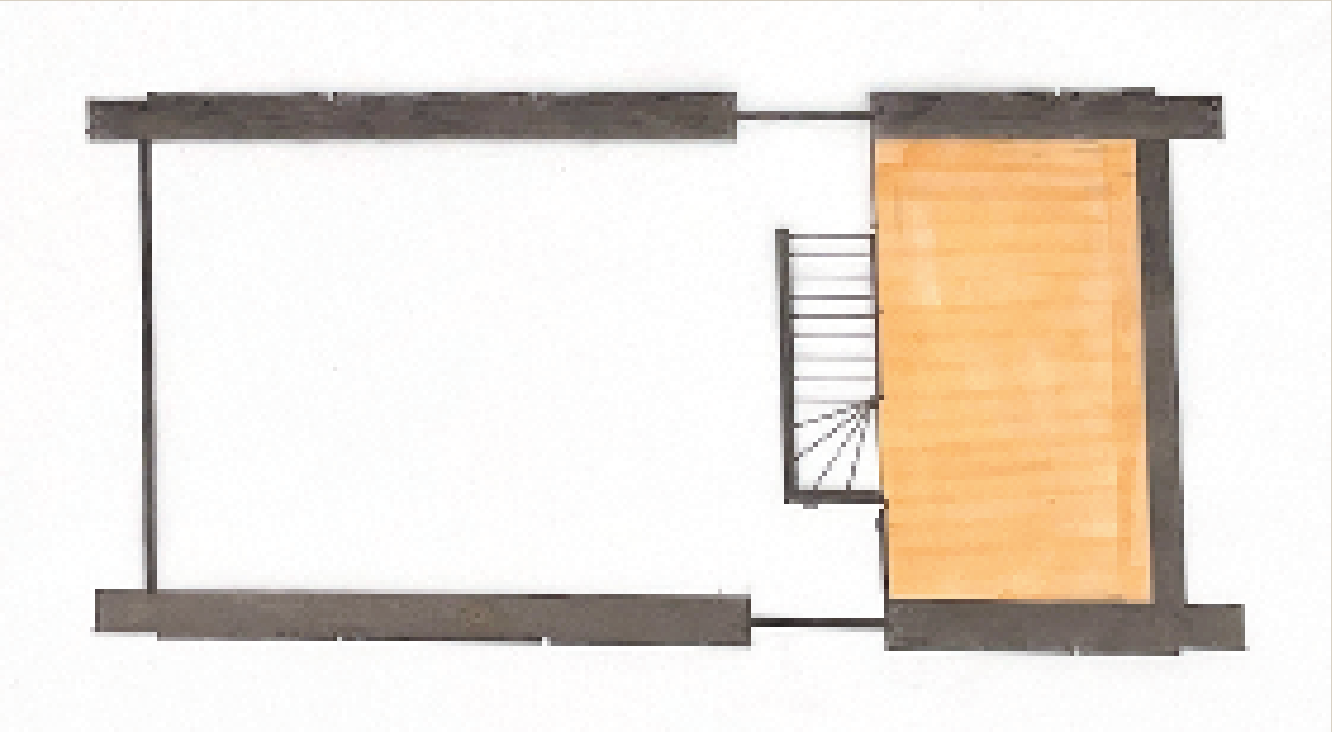 Floor plan showing a rectangular room with a staircase at the top right corner and a small wooden platform at the bottom right.