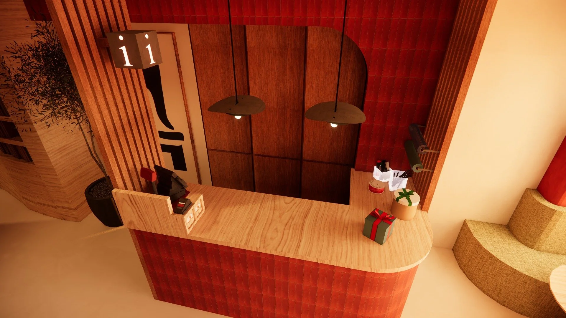 A reception desk with Christmas presents and decorations, wooden walls, pendant lights, and a large sign with the letter 'i' indicating information area.