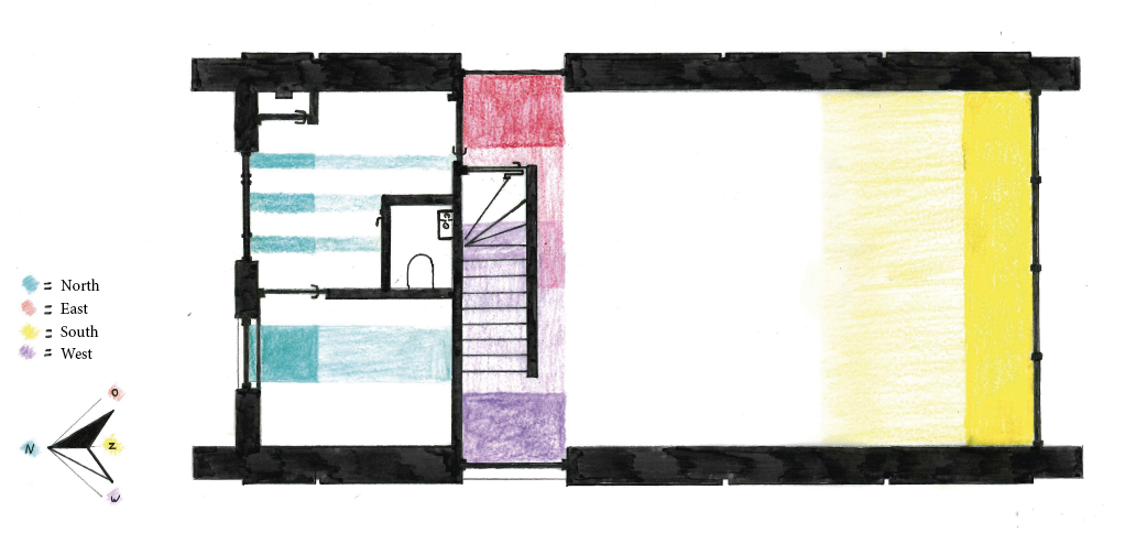 Color-coded architectural floor plan with stairs, rooms, and a north arrow.