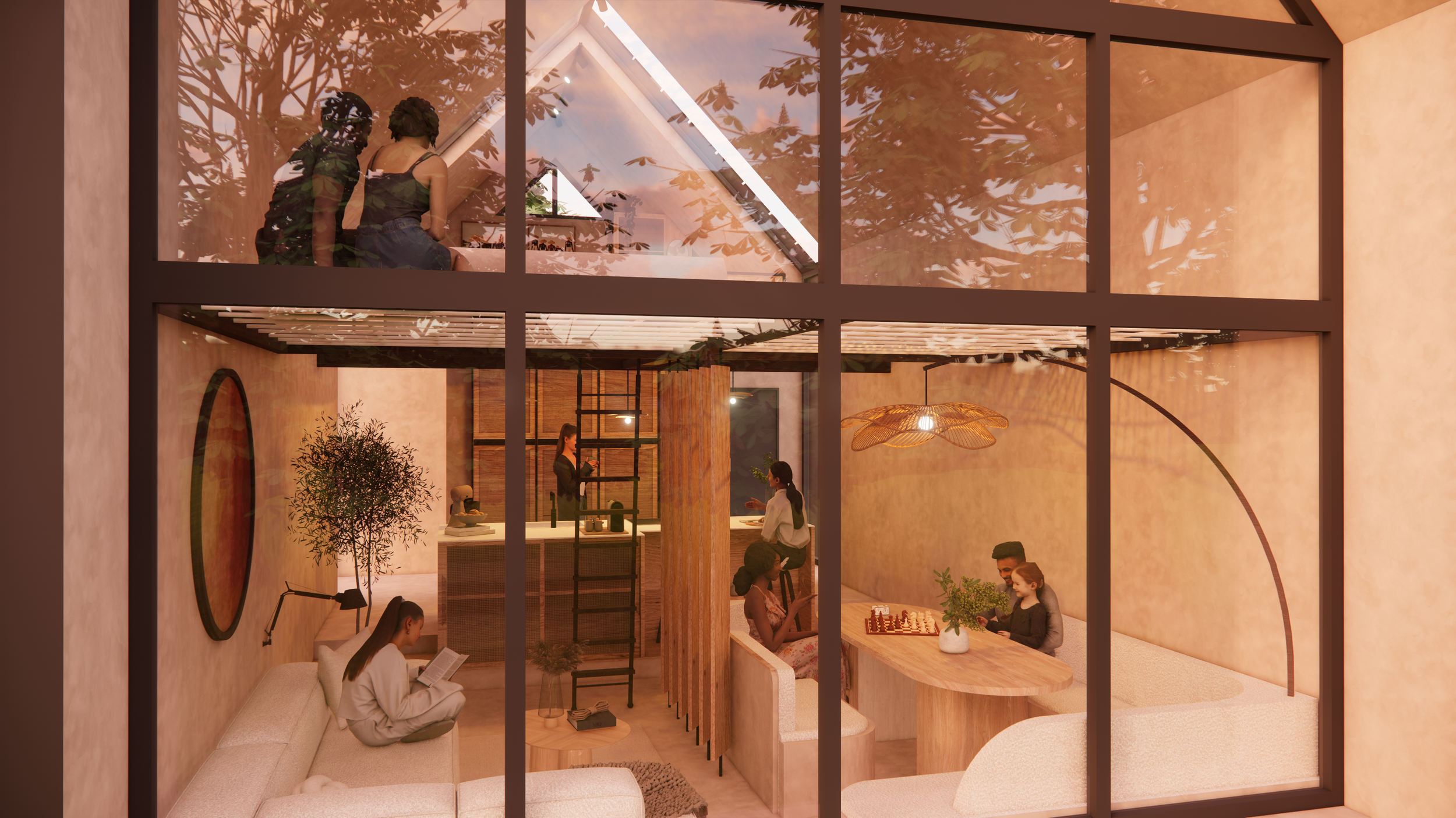 Interior of a modern, cozy apartment with large glass windows, featuring people engaged in various activities such as reading, playing chess, and socializing, with warm lighting and natural decor.